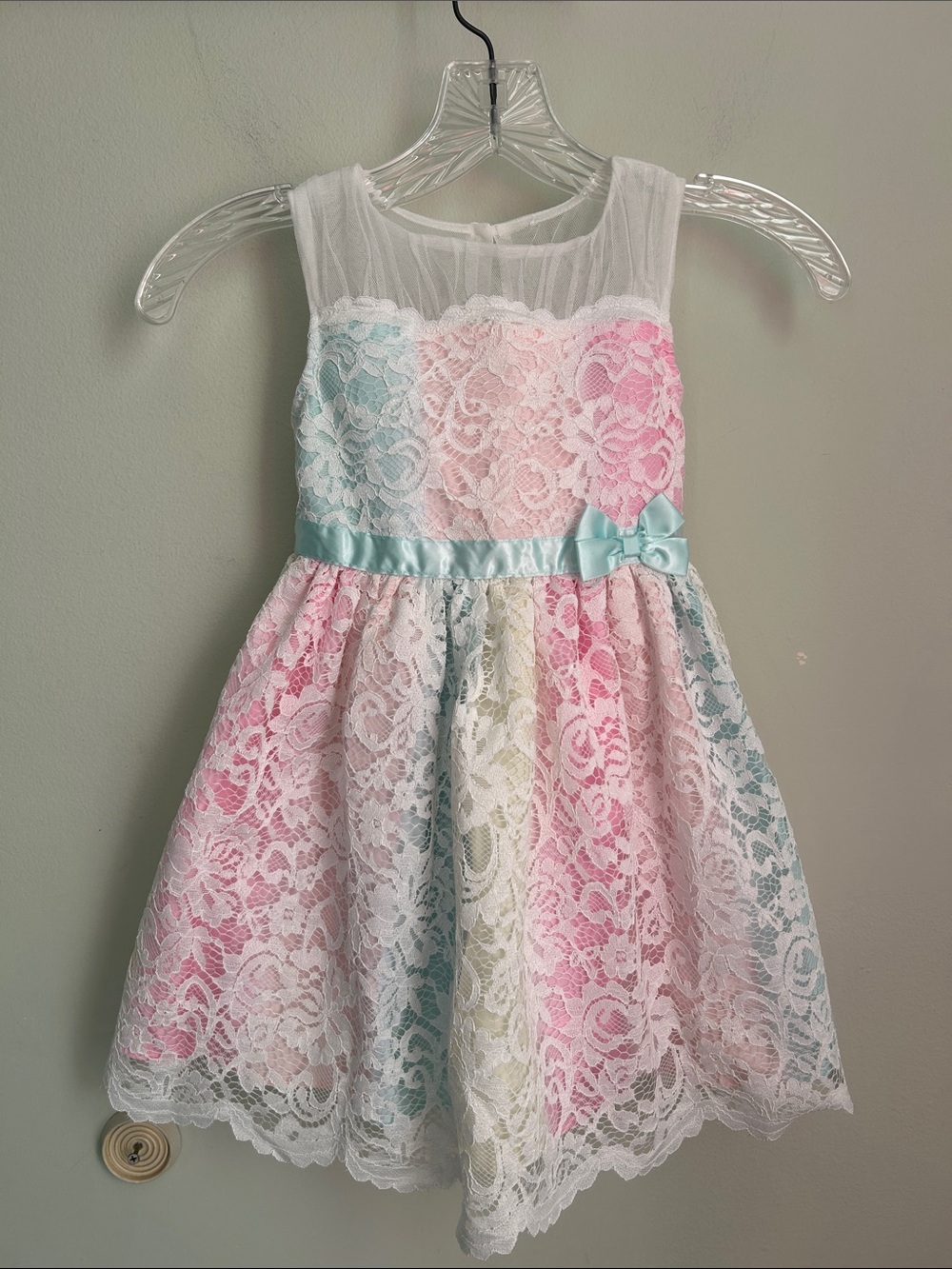 Jona Michelle White Lace Girls' Dress with Pastel Pink, Blue, Yellow Accents